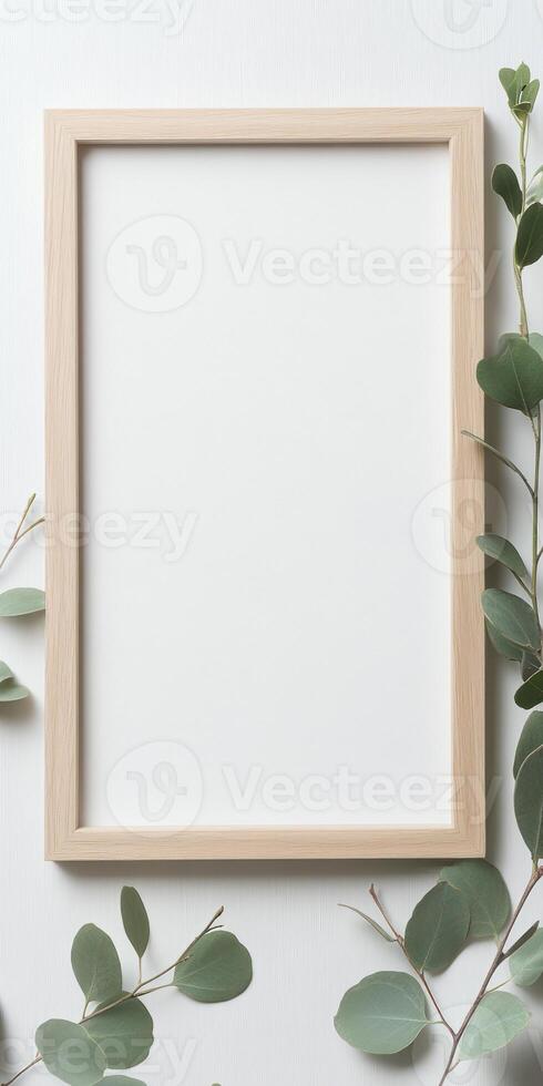 Contemporary certificate template with wooden frame and green foliage for elegant design photo
