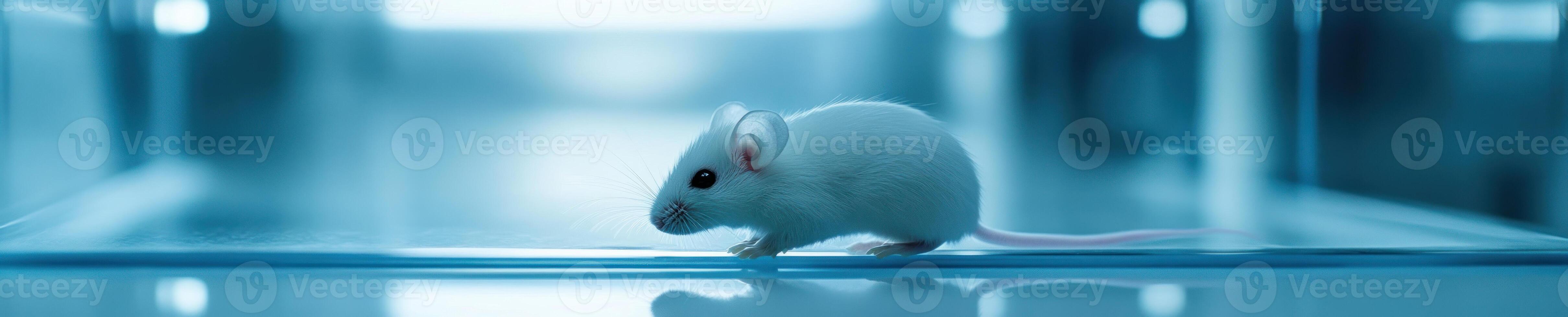 White mouse in a high tech transparent lab cage for scientific research photo