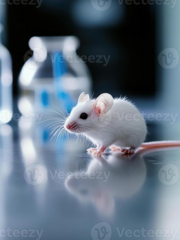 White mouse in a sterile laboratory setting for scientific research and analysis photo