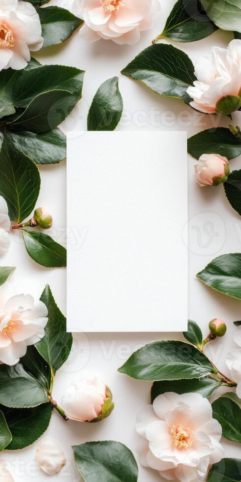 Botanical celebration with blank invitation card surrounded by elegant leaves and blooms for event design photo