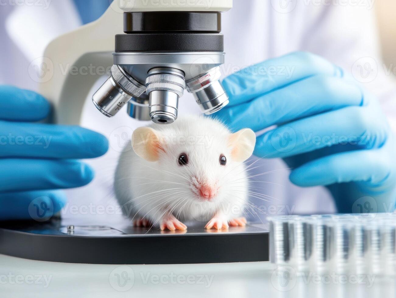 Medical researcher analyzing white mouse in laboratory setting for scientific study photo