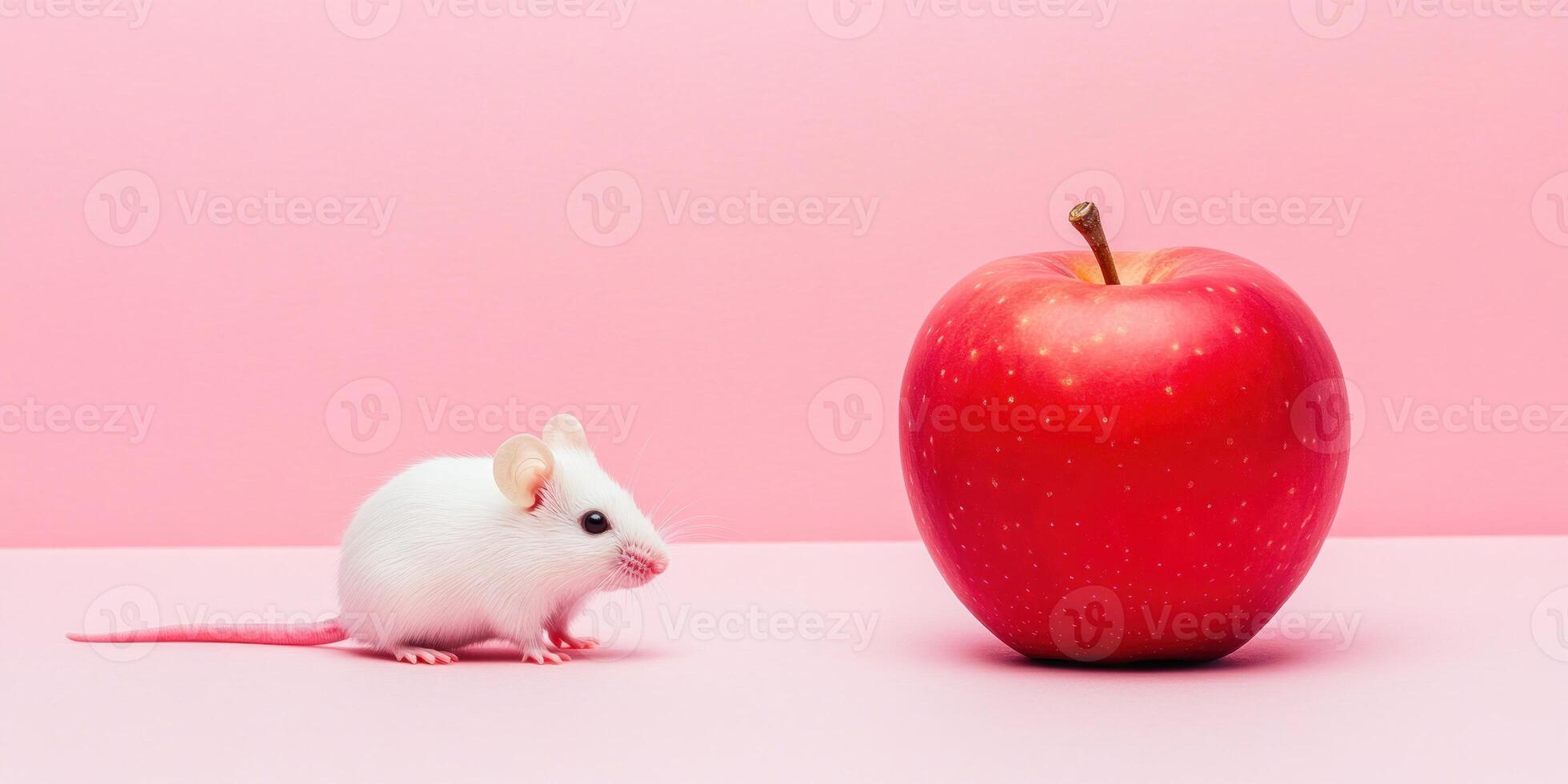 Minimalist pink composition with white mouse and red apple for creative design photo