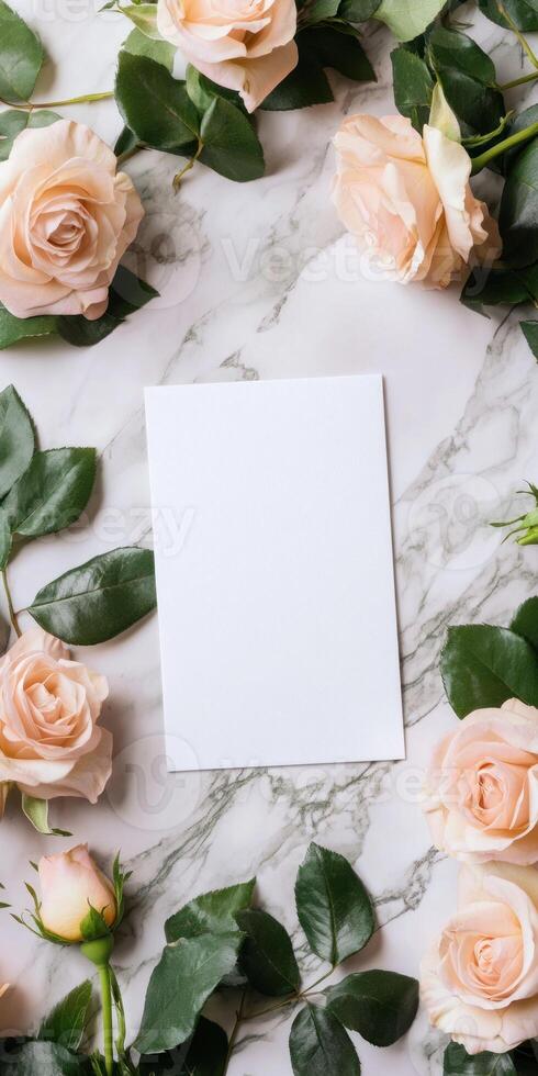 Ultra realistic greeting card mockup with elegant roses on marble background photo