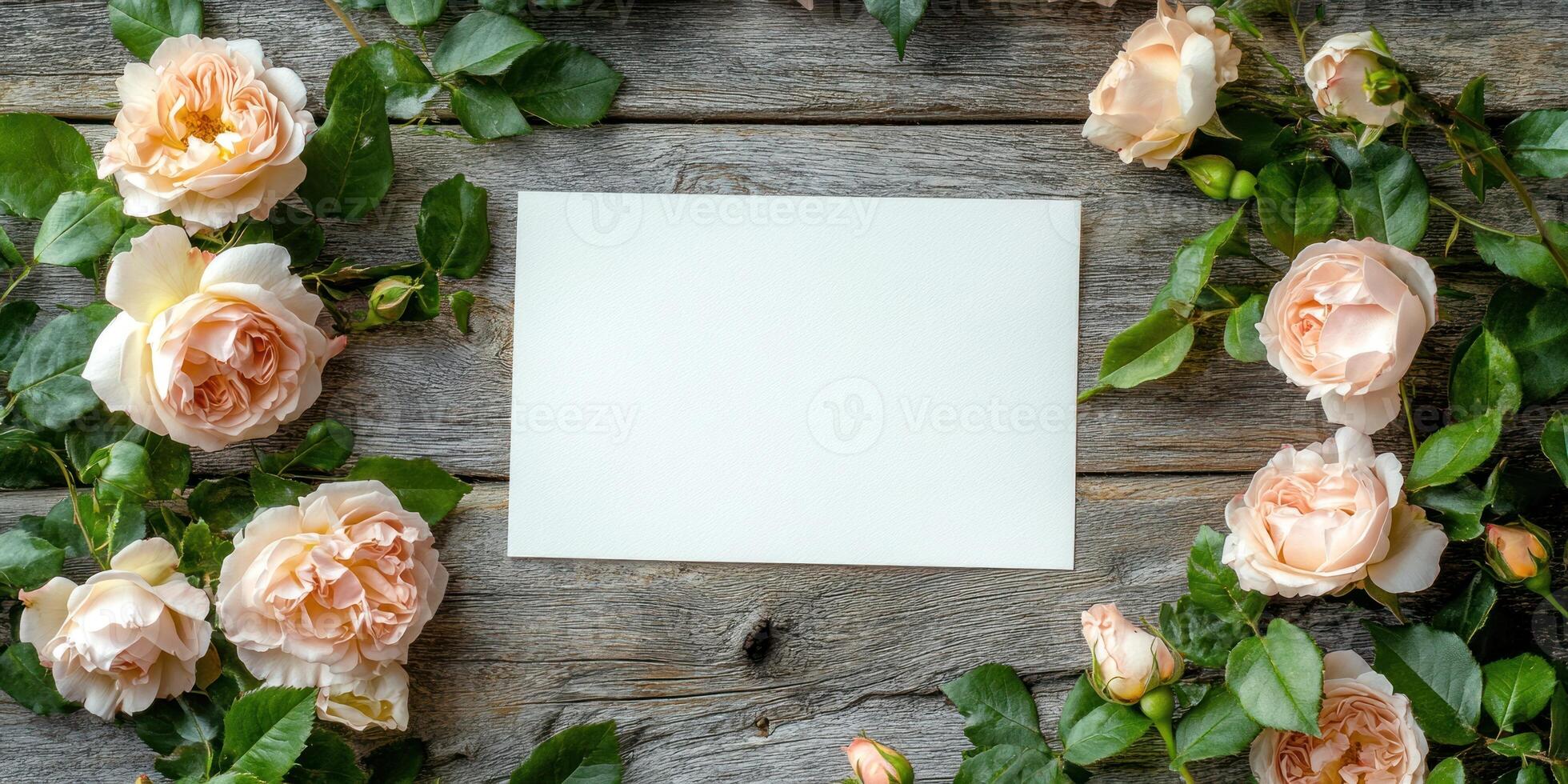Blank white card surrounded by peach roses on rustic wooden background for floral design photo
