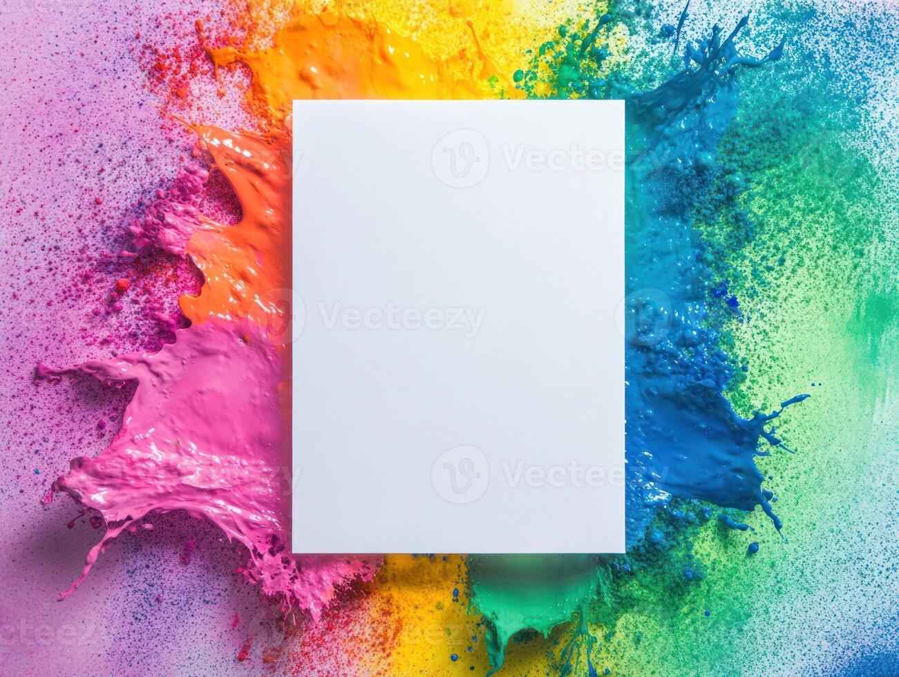 Vibrant and colorful greeting card mockup with abstract paint background for creative design photo