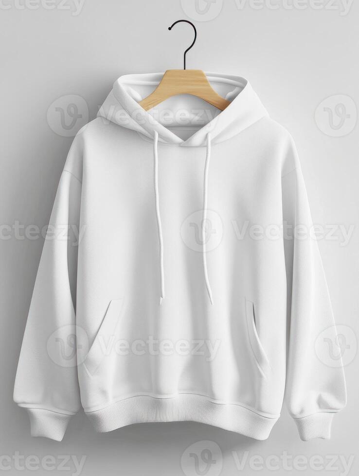 Minimalist white hoodie on hanger design concept for fashion branding photo