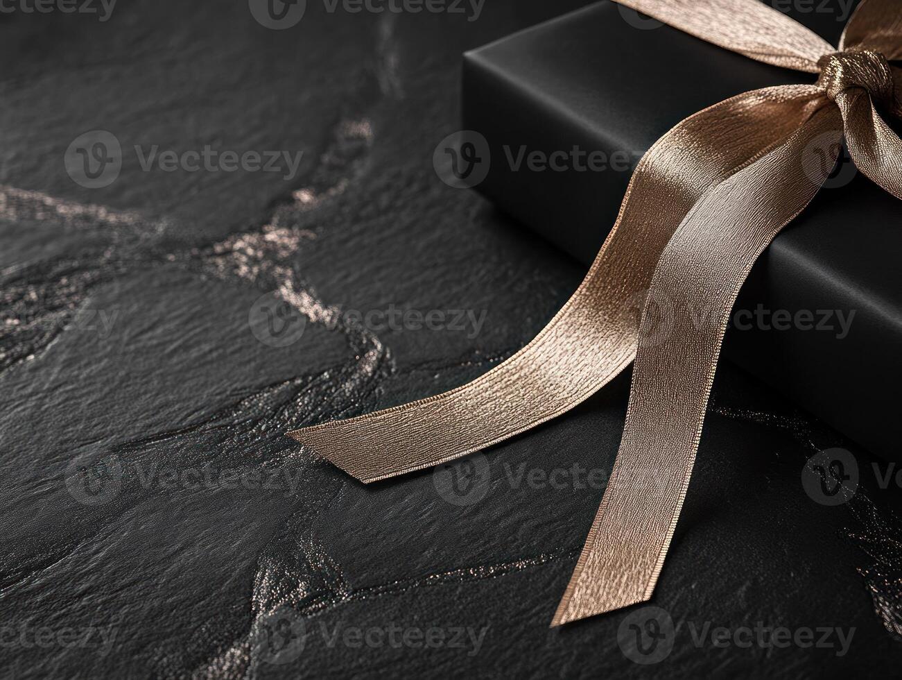 Elegant gift wrapped in black matte paper with luxurious gold ribbon for special occasions photo