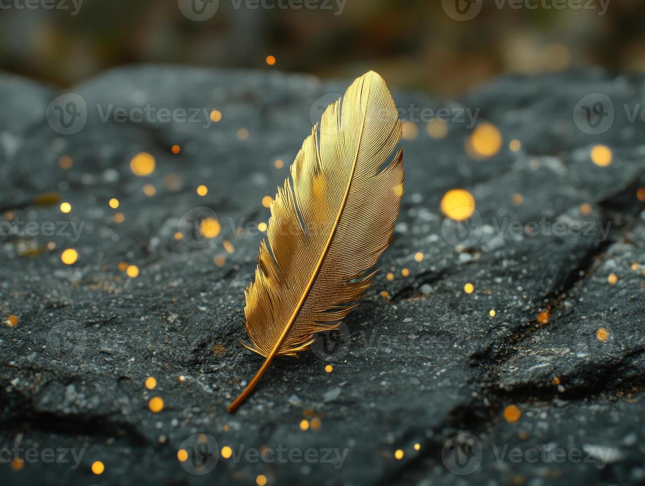 Elegant composition of a golden feather on dark stone surface for artistic designs photo