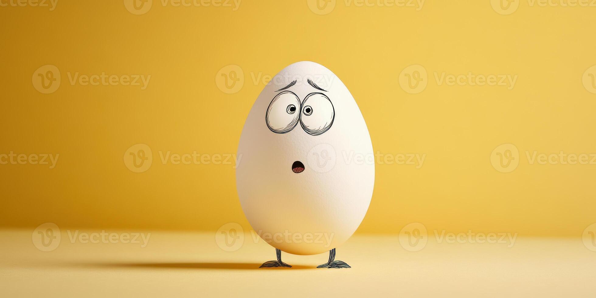 Surprised egg with funny expression on yellow background for creative design photo