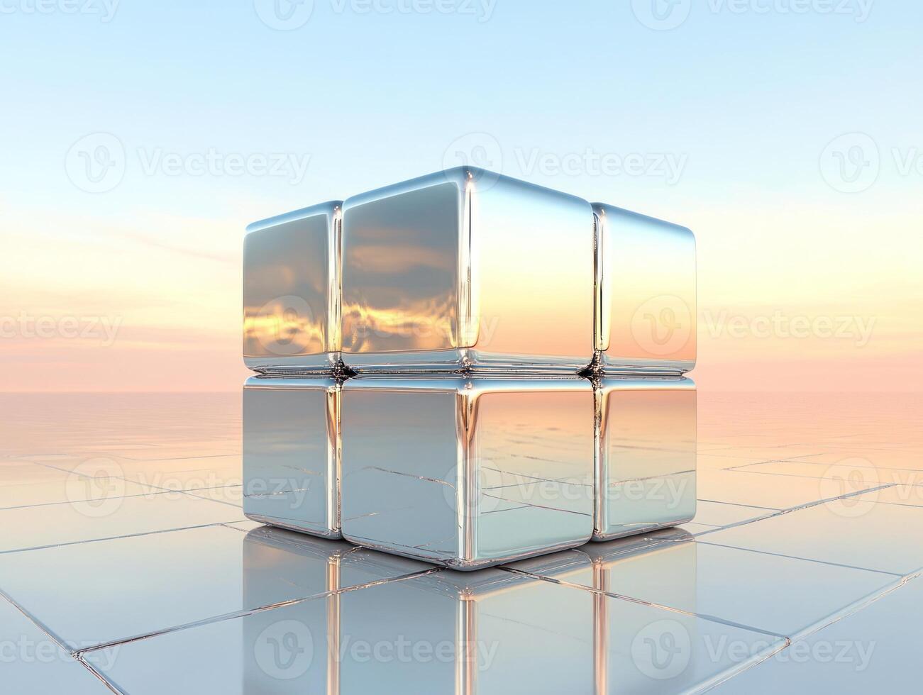 Futuristic metallic cube floating on reflective surface at sunset for modern design concepts photo