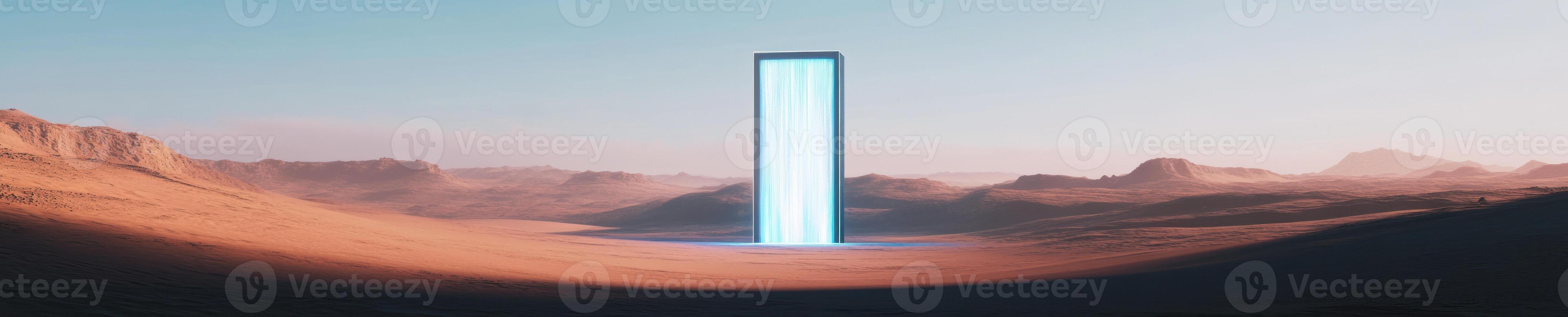Otherworldly portal in a desert landscape with massive energy beam photo