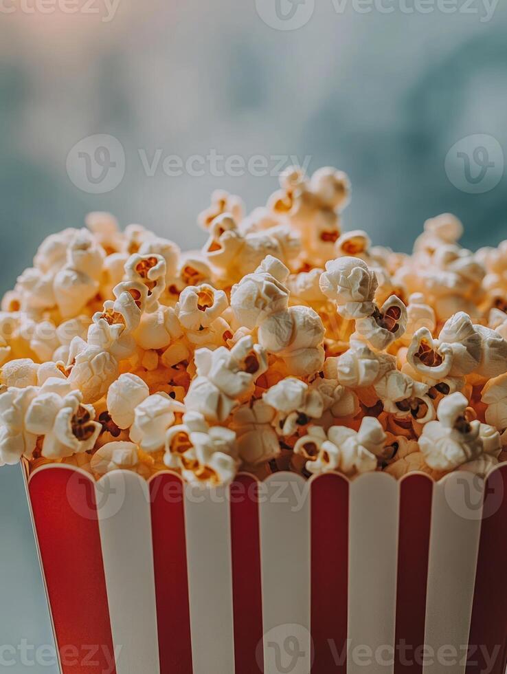 Classic view of freshly popped popcorn in a red and white striped box for movie night snacks photo