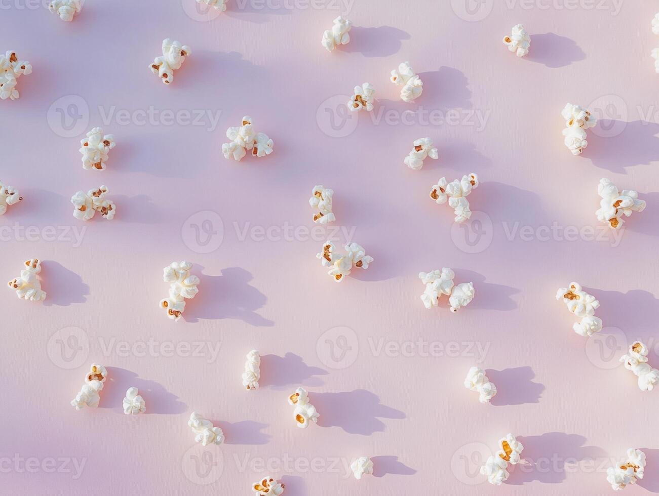 Creative flat lay of popcorn and kernels on pastel background for snack time inspiration photo
