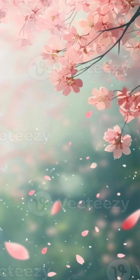 Elegant spring bloom. Vertical view of sakura branch with blossoms falling photo