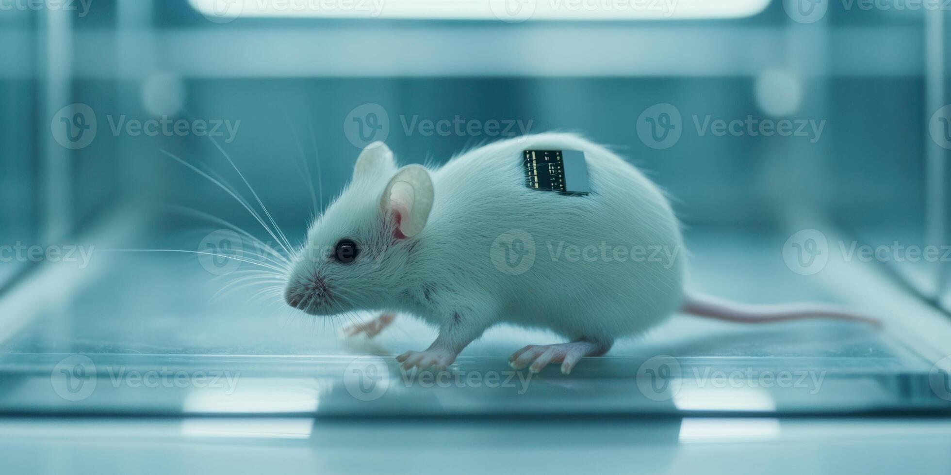 Medical research concept of white mouse with microchip for laboratory study photo
