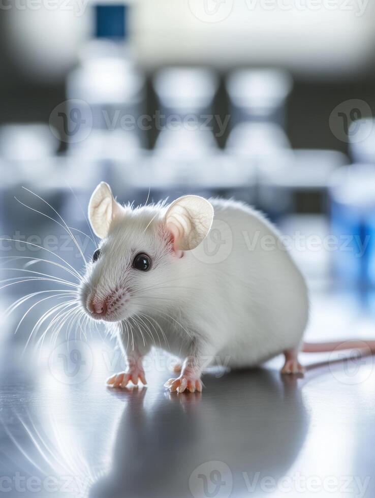 White mouse in a sterile laboratory setting for scientific research and experimentation photo