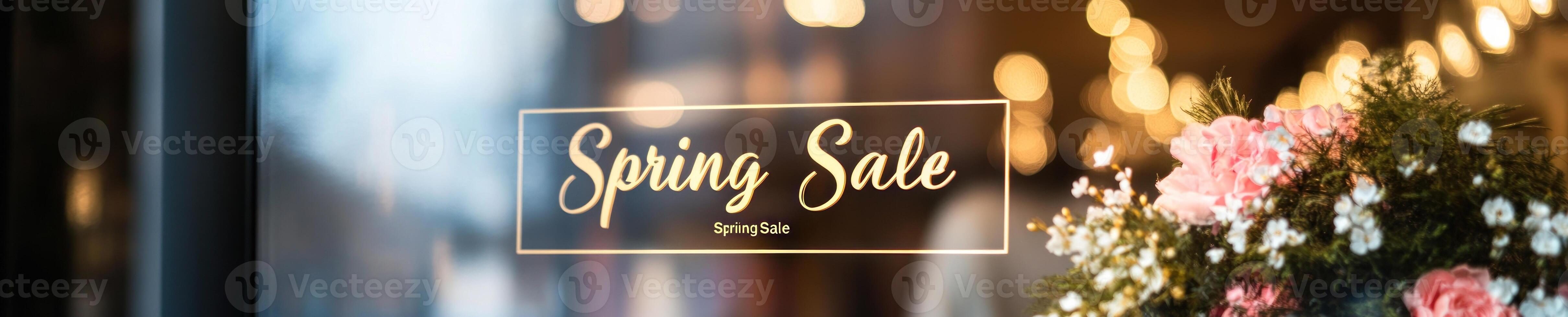 Elegant boutique window display featuring spring sale sign and floral arrangement photo