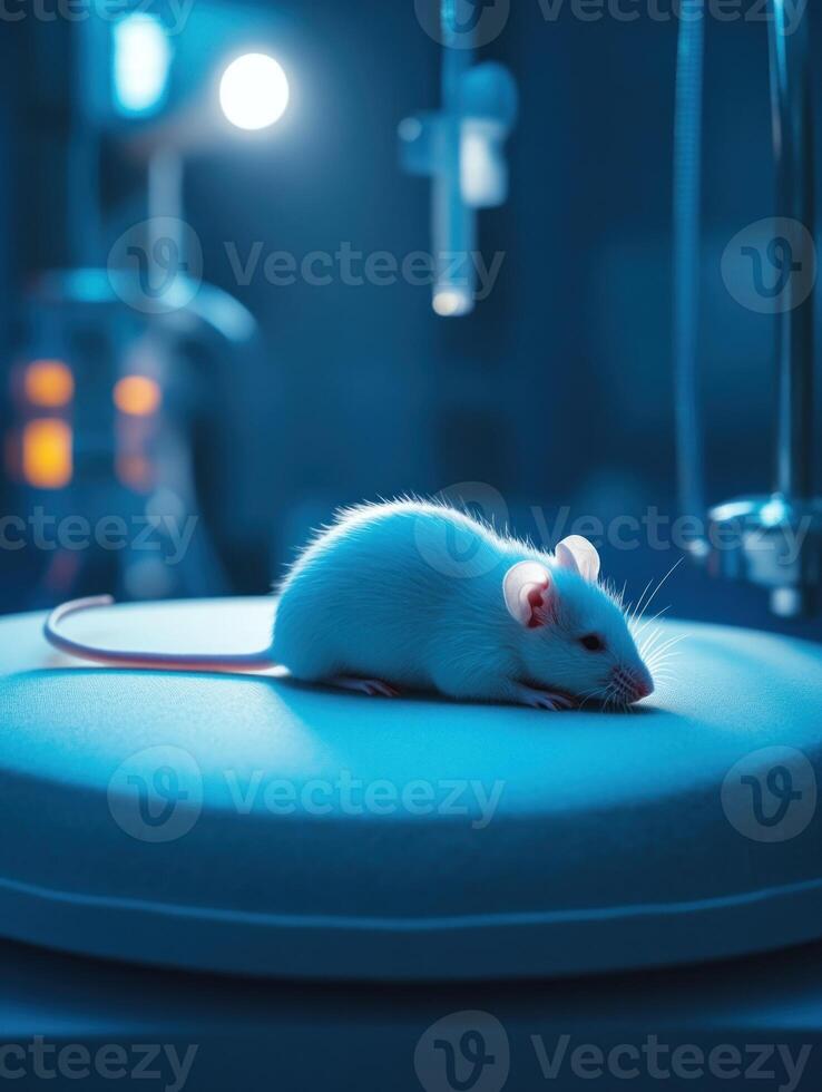 Ethical research study with white mouse resting on soft medical cushion in laboratory setting photo