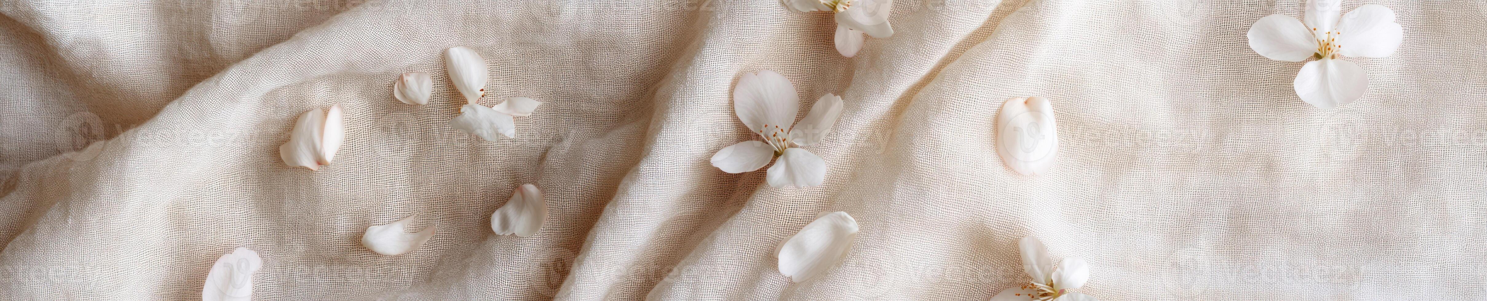 Minimalist flat lay of scattered sakura blossoms on textured fabric background photo