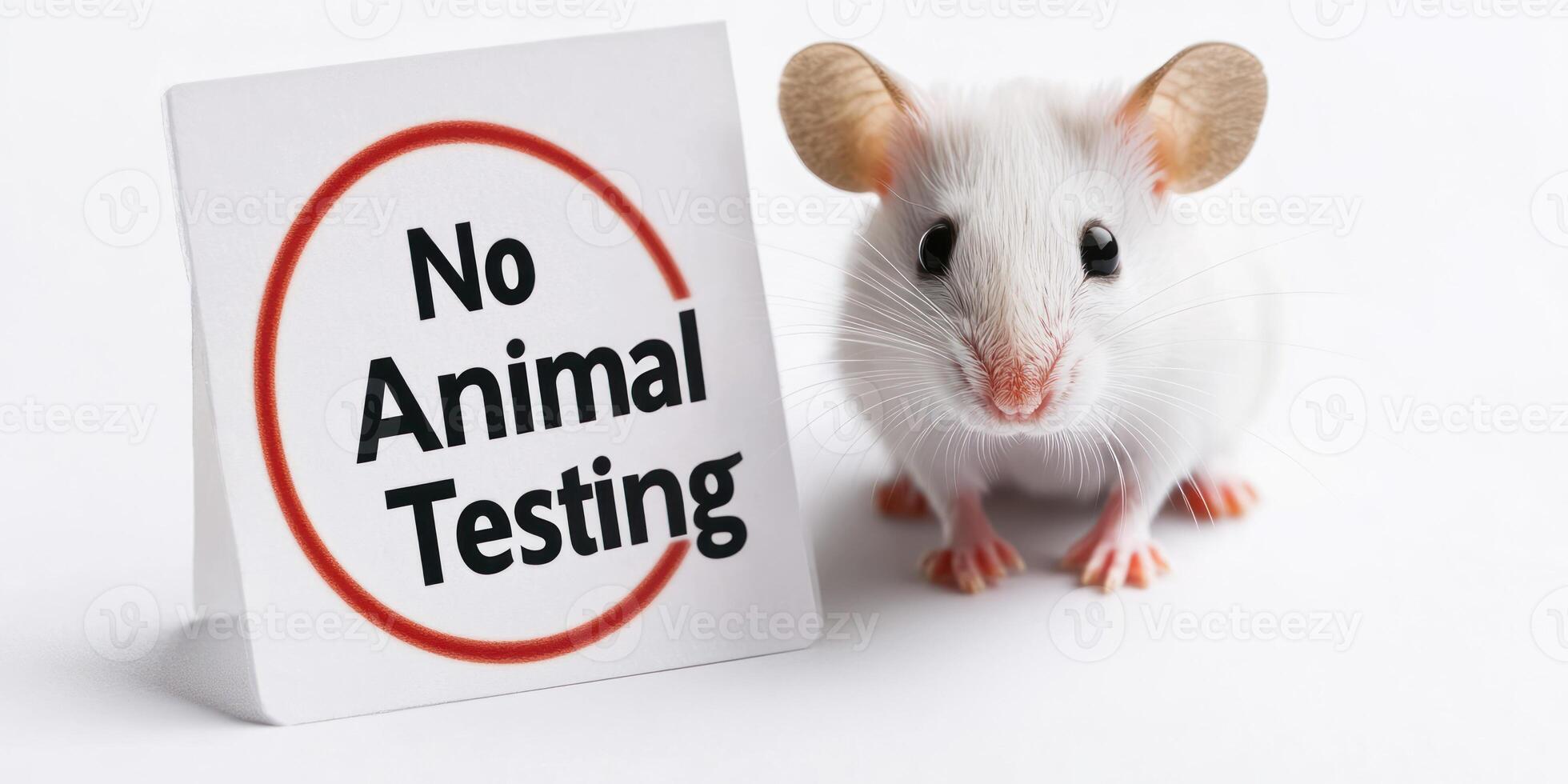 Ethical debate on scientific testing. White mouse beside no animal testing sign photo