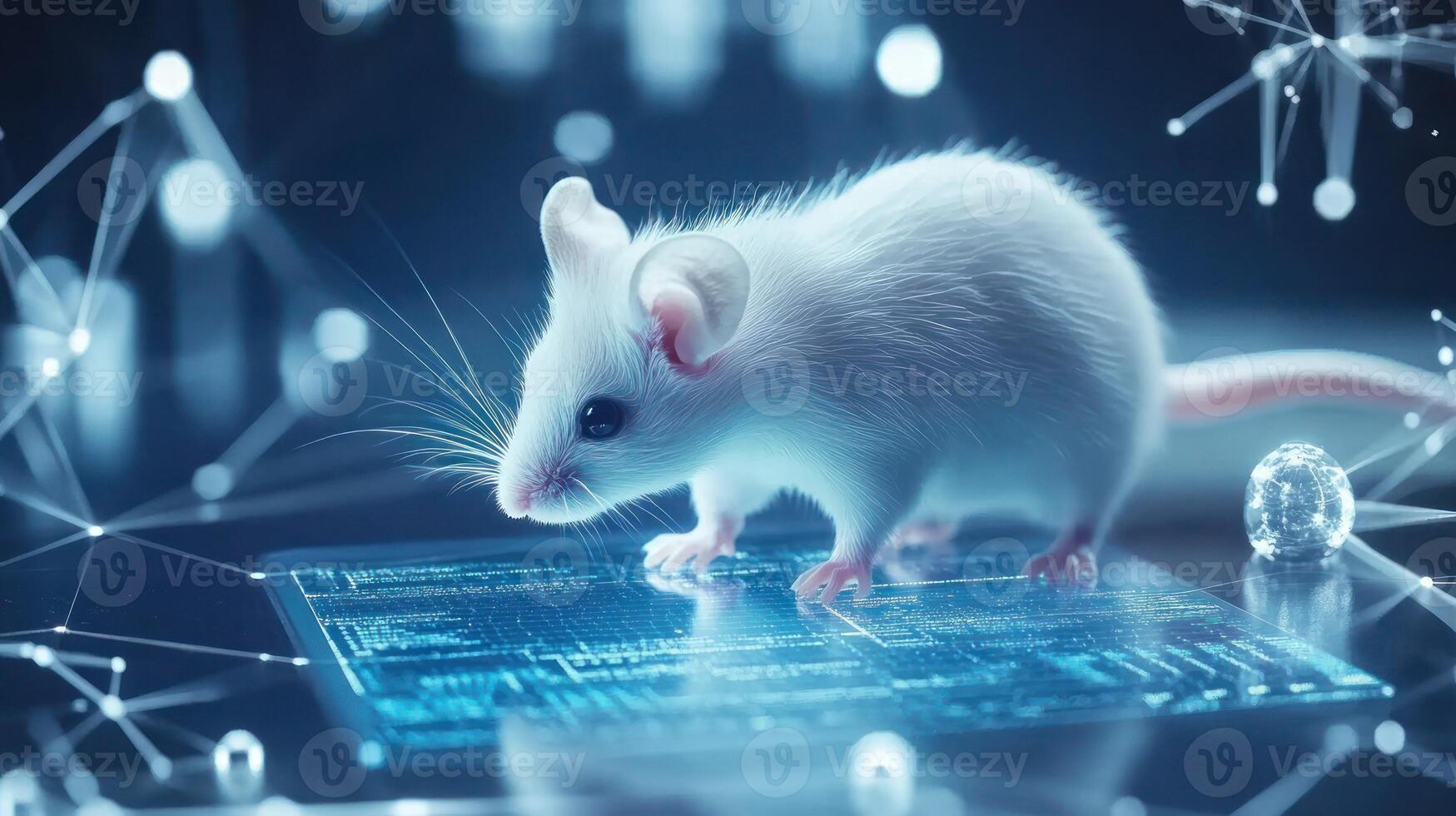 Tiny white mouse exploring digital tablet technology concept photo