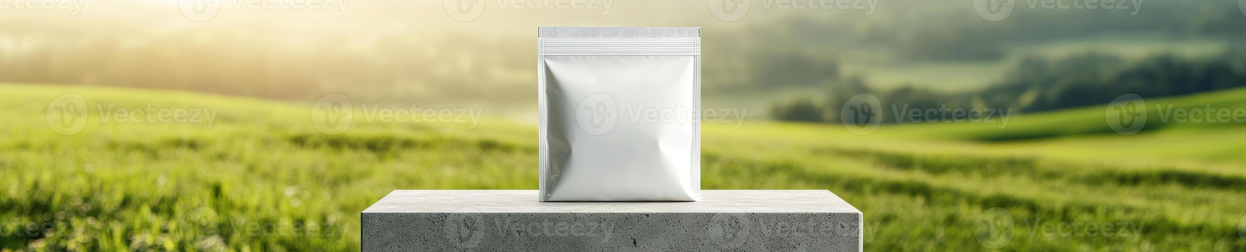 Professional mockup of plain white protein bag on concrete stand with nature background for branding and packaging design photo