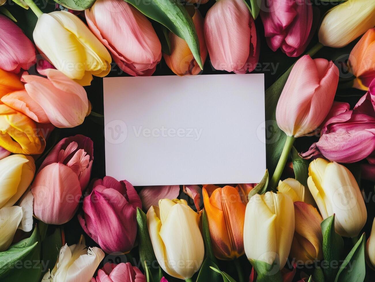 Blank white card surrounded by colorful tulips for spring or floral design photo