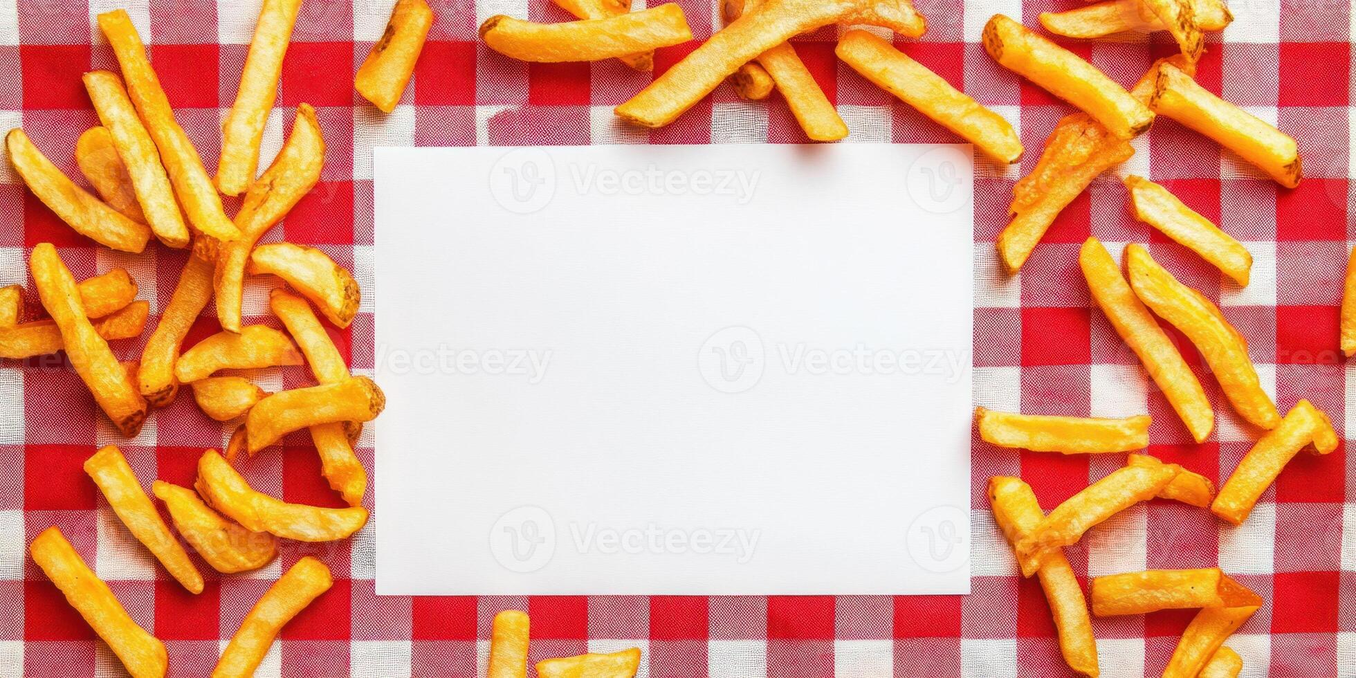 High energy flat lay with blank white sheet on red gingham with french fries for culinary design photo