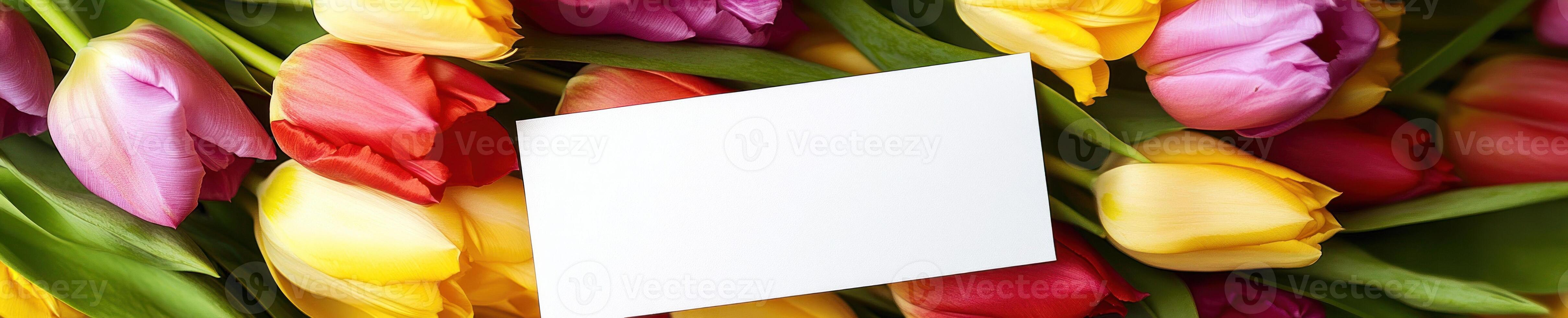 Ultra realistic white blank card on colorful tulip background for greeting design photo