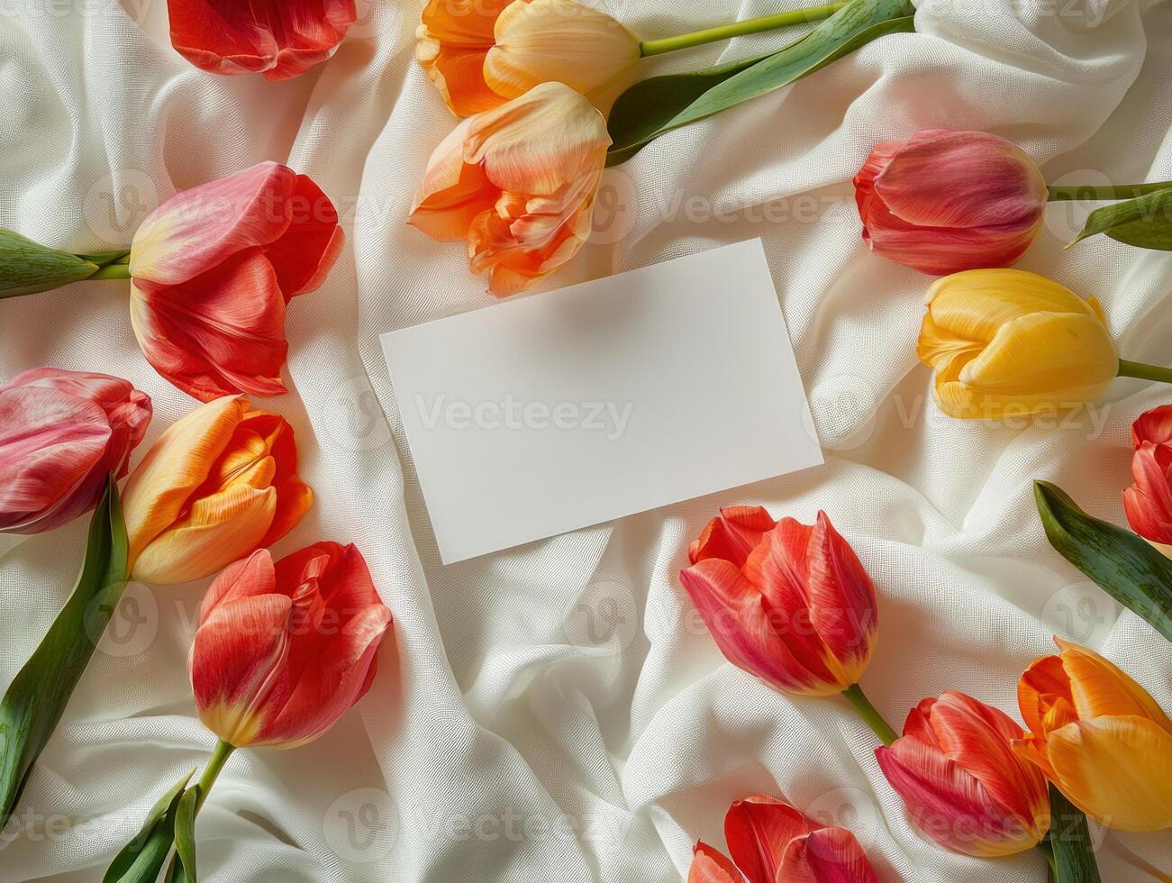 Top view of an empty white card surrounded by colorful tulips on white fabric background for floral greeting design photo