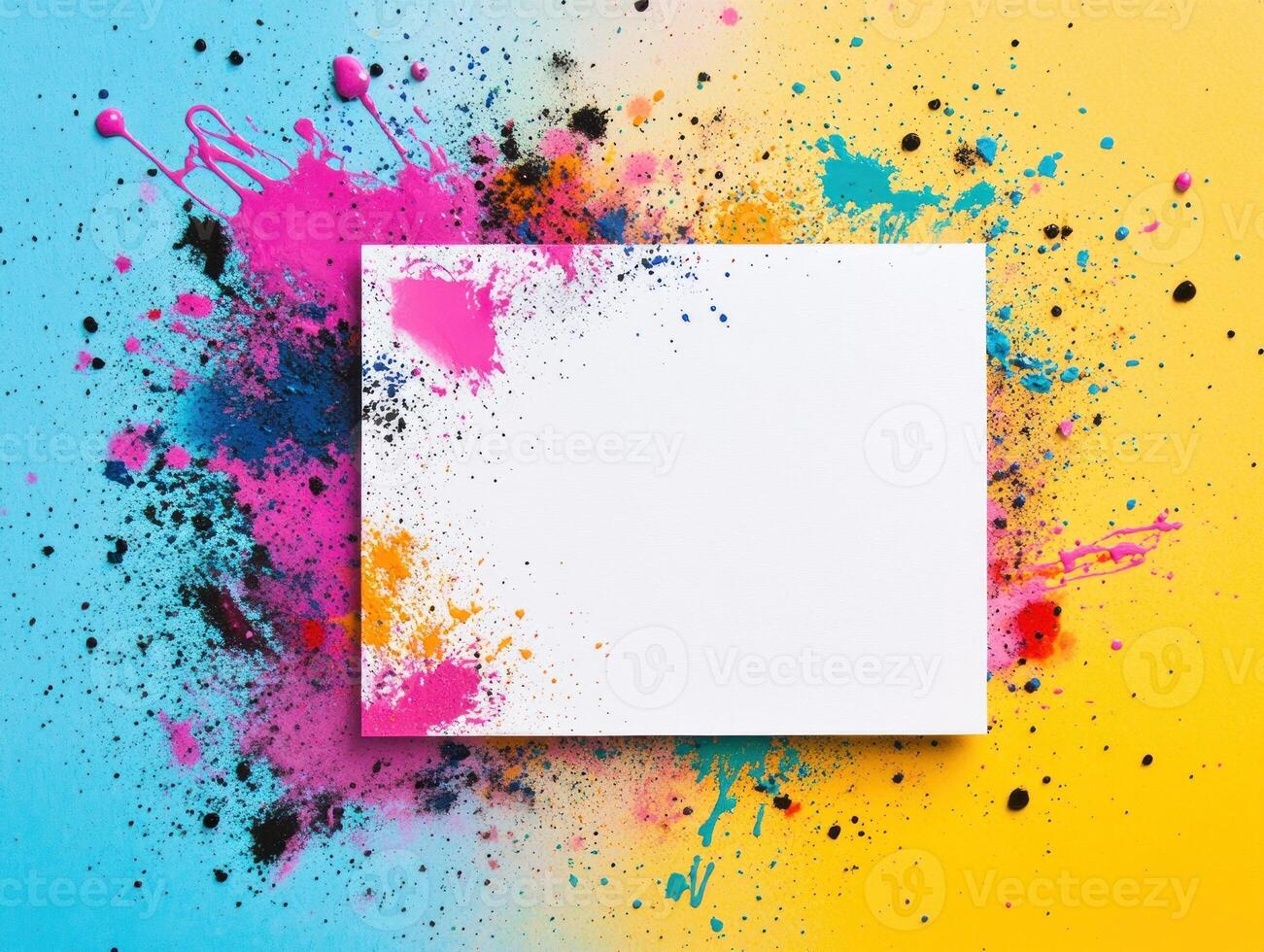 Energetic flat lay with blank canvas on vibrant paint splatter background for creative projects photo