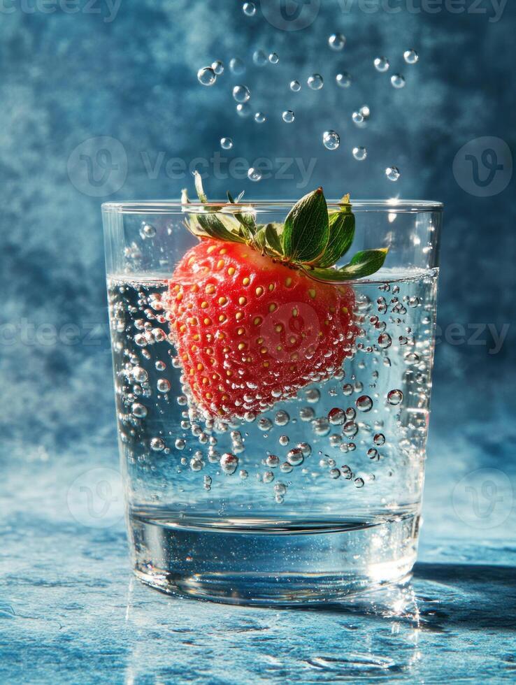 Refreshing strawberry suspended in sparkling water with bubbles photo