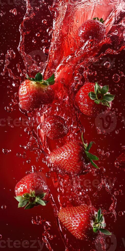 Dynamic splash of strawberry juice in motion for refreshing beverage design photo