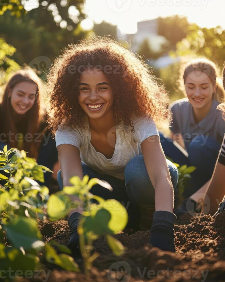 Happy diverse group of young people engaged in tree planting activity for environmental conservation photo