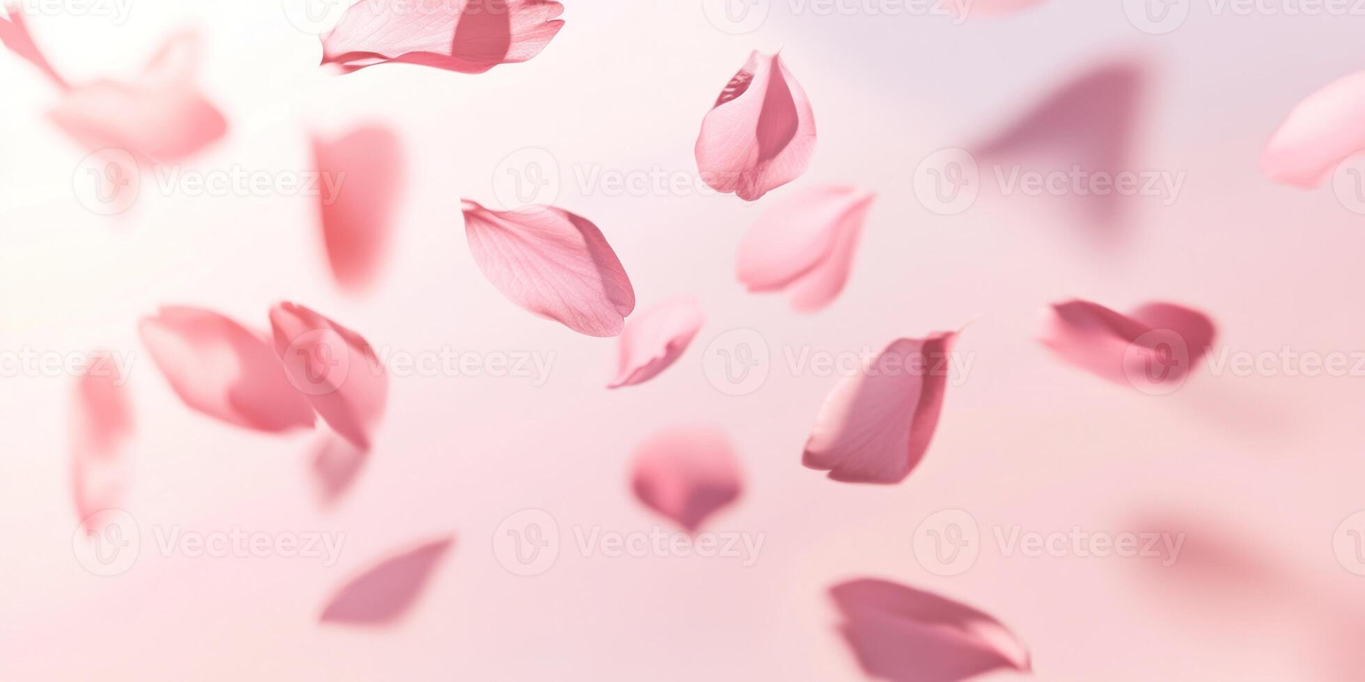 Softly illuminated cherry blossom petals falling against a gentle background photo