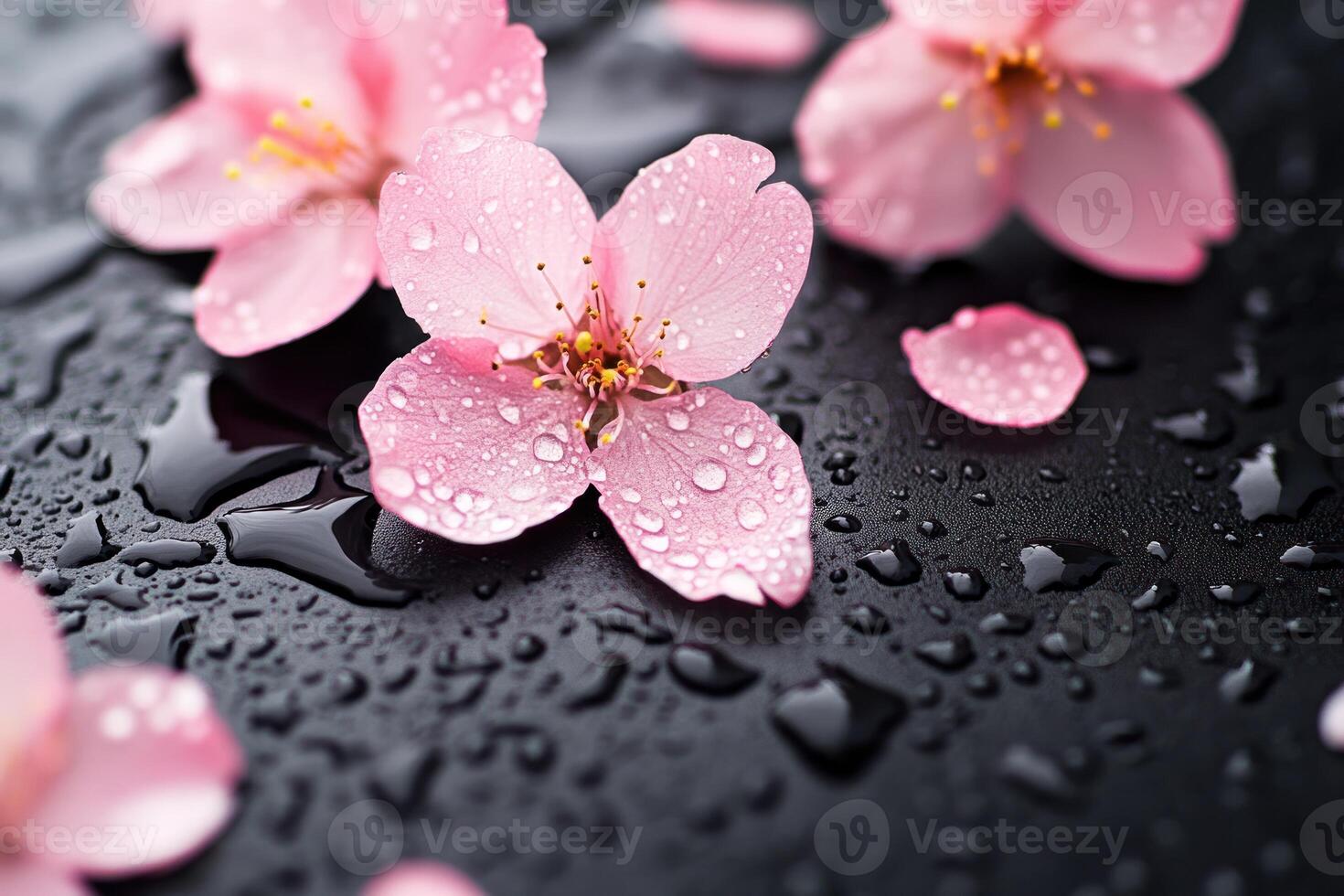 Delicate cherry blossom petals with dew drops on wet surface. Nature and tranquility photo