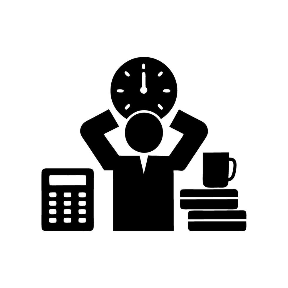 Stressed office worker with piles of paperwork, calculator, clock, and cup, symbolizing stress during tax season, Tax Day background vector