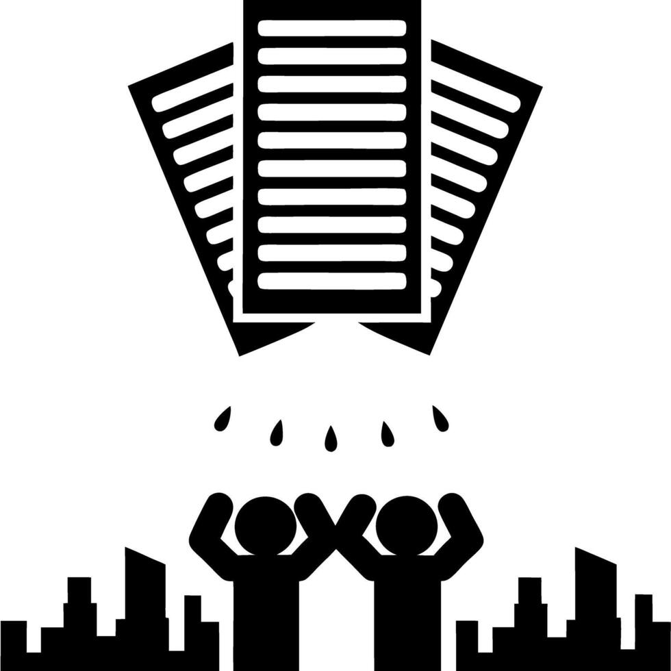 Illustration of people with hands raised as tax forms fall from the sky, dramatic Tax Day background, symbolizing tax burden and submission vector