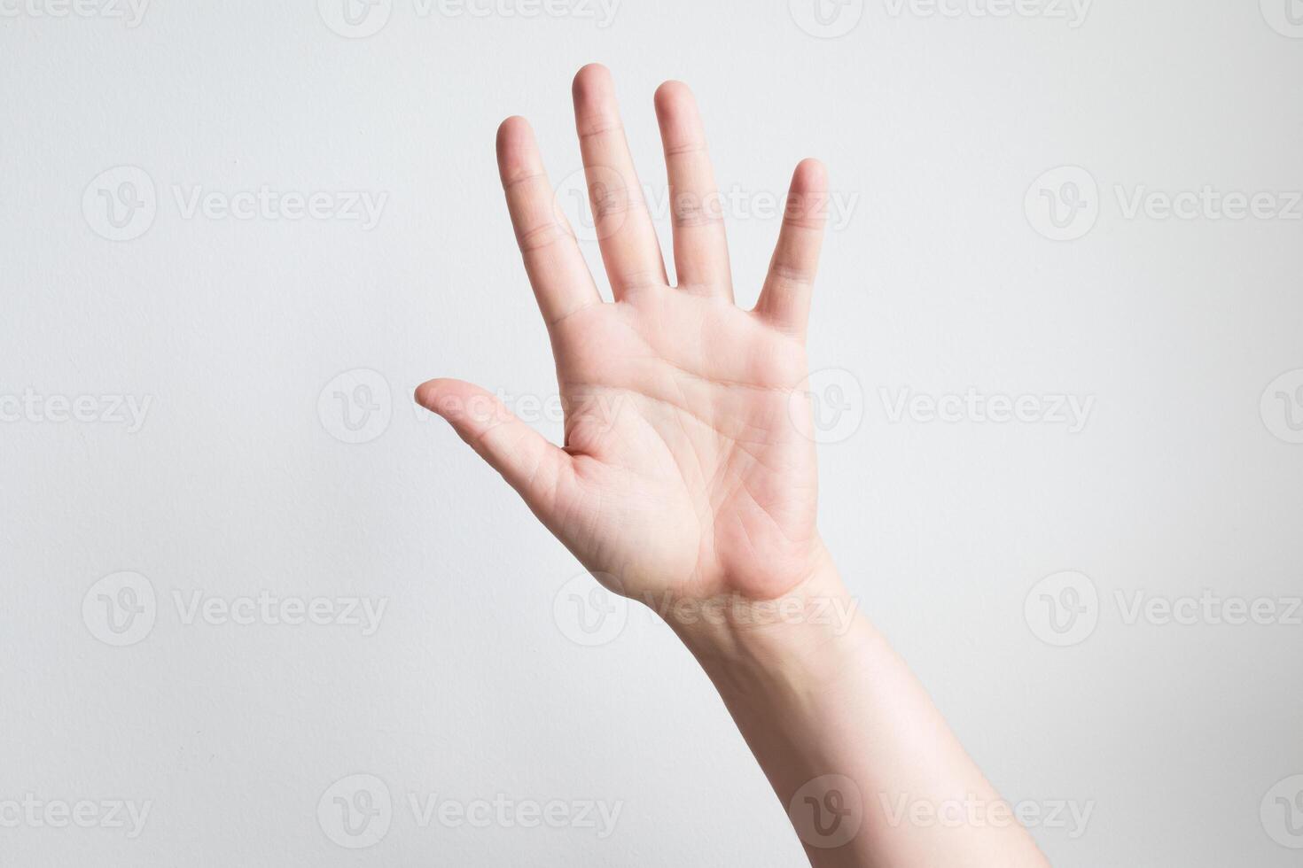 Caucasian adult hand raised against white background with open palm gesture photo