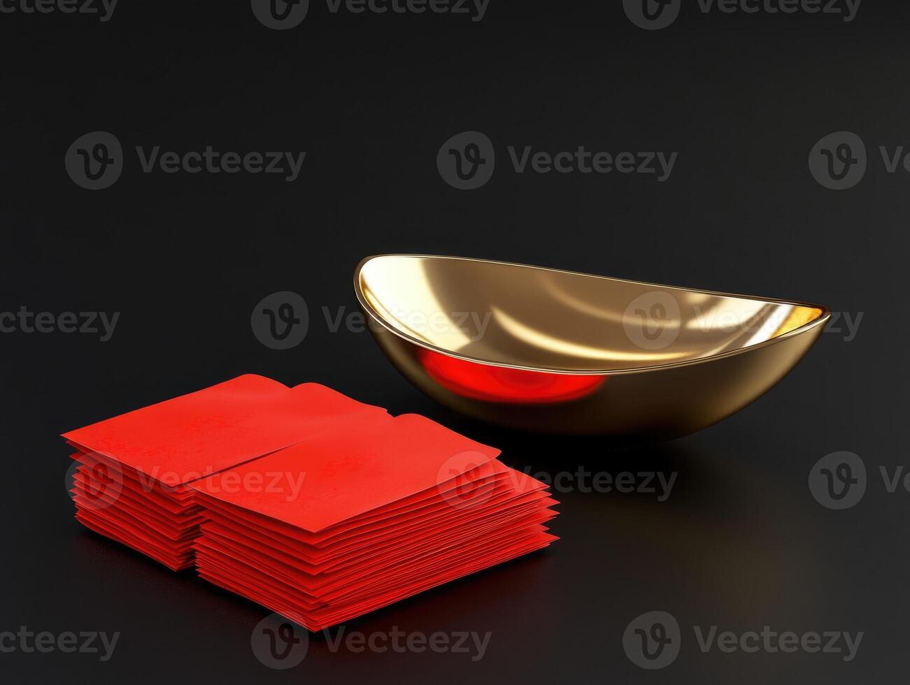 Golden ingot and red envelopes on black background for lunar new year celebration photo