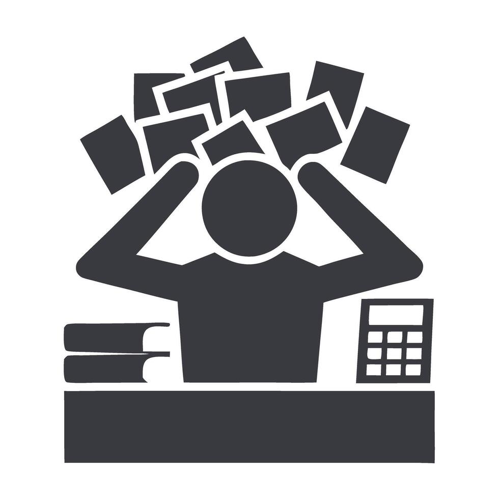 Stressed individual overwhelmed by scattered tax papers and calculator, representing anxiety during tax filing, Tax Day background vector