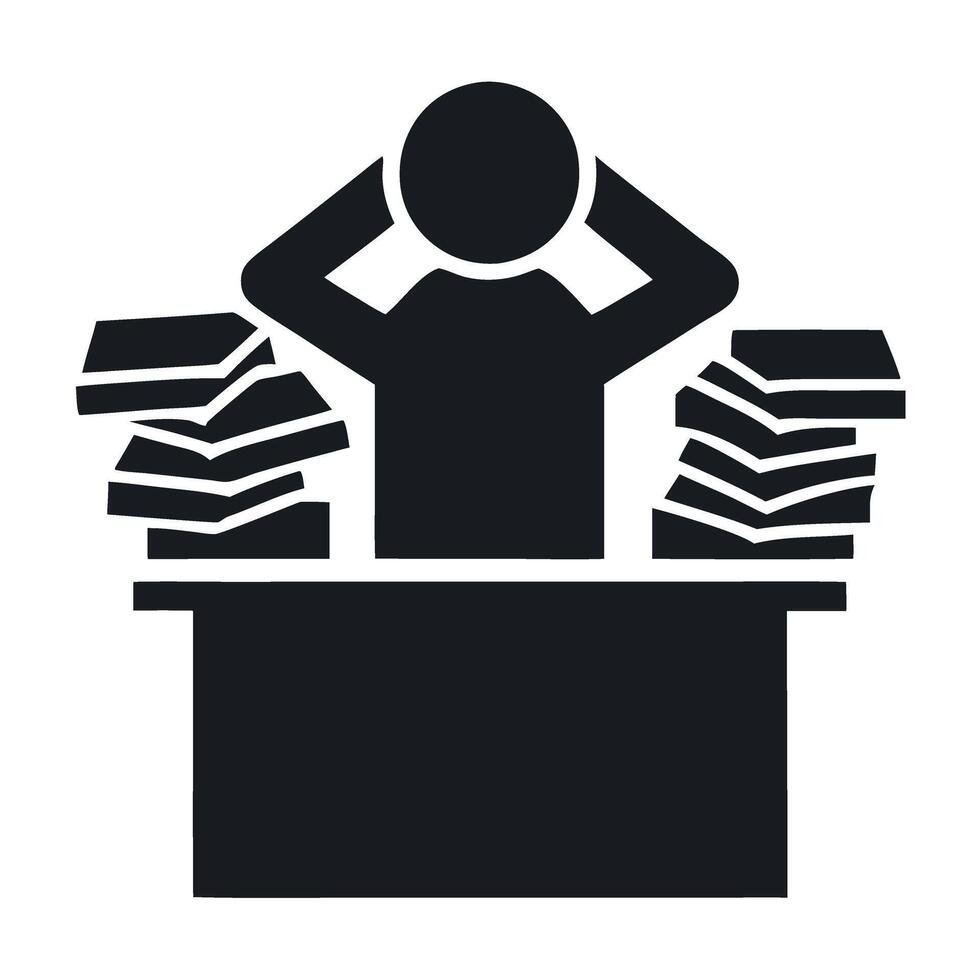 Person stressed at desk with piles of paperwork, showing frustration during tax season, Tax Day background conveying tax burden vector