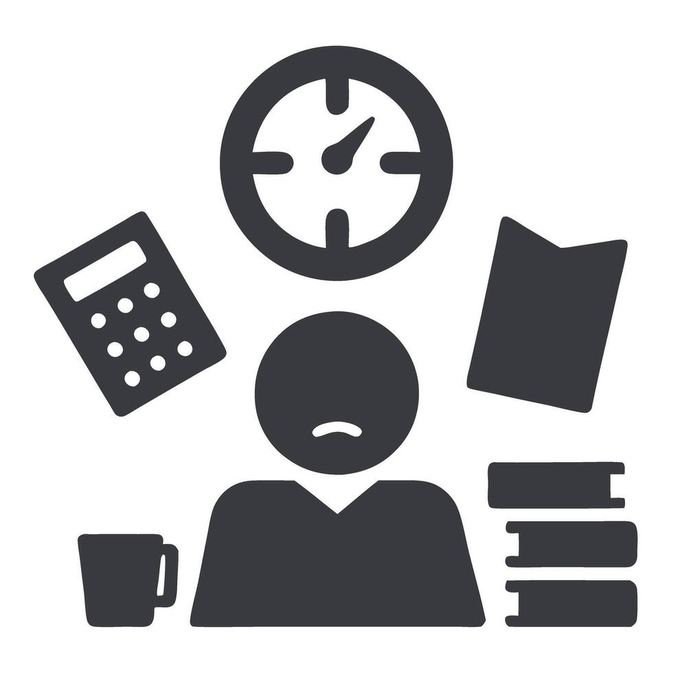 Stressed office worker surrounded by piles of paperwork and clock, symbolizing deadline pressure during Tax Day, Tax Day background vector