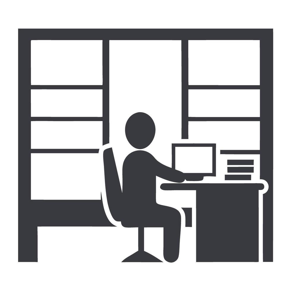 Modern office workspace with person at desk, bookshelves in background, clean and organized space for Tax Day background concept vector