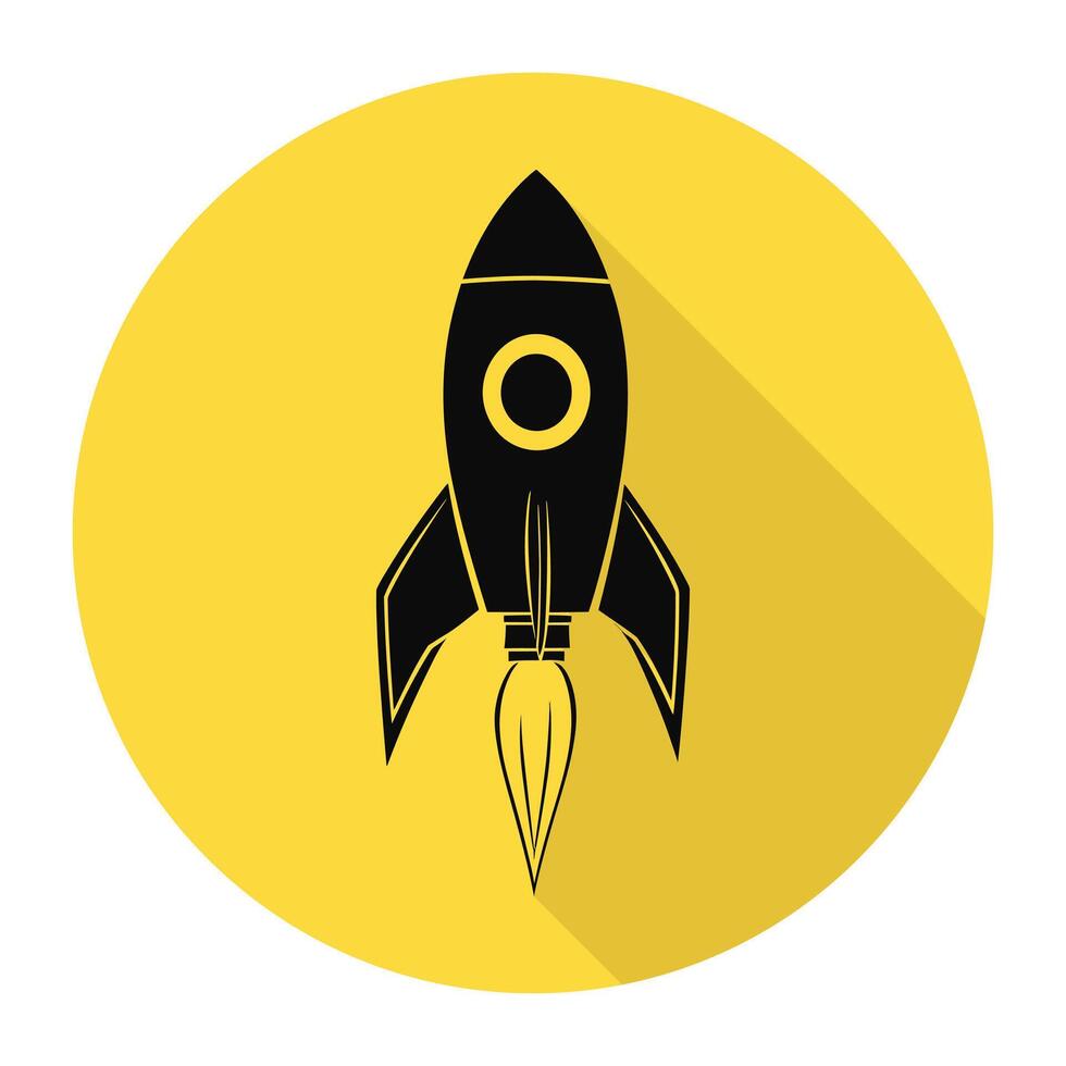A black and yellow rocket ship icon on a yellow background vector
