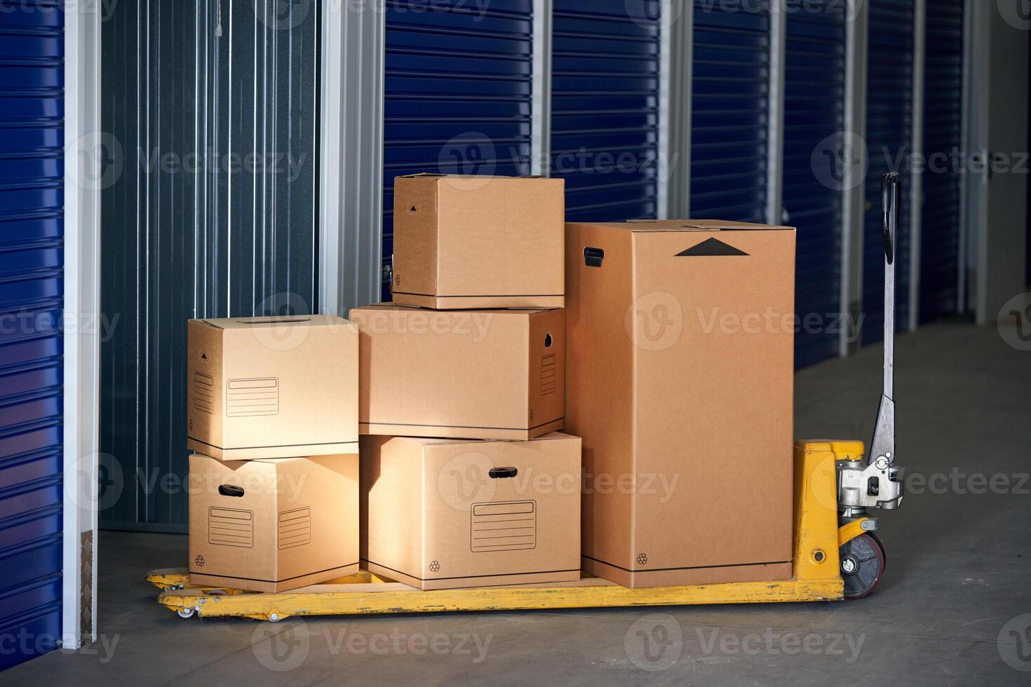 A man is standing in front of a storage unit with boxes on a dolly photo