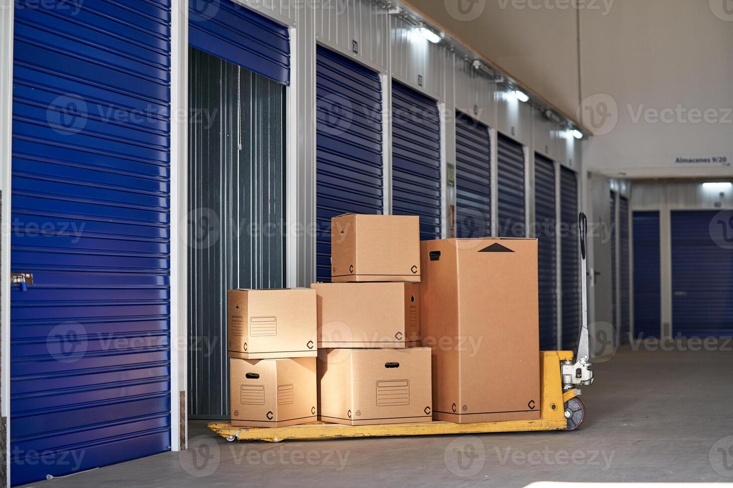 A storage unit with boxes and a cart photo