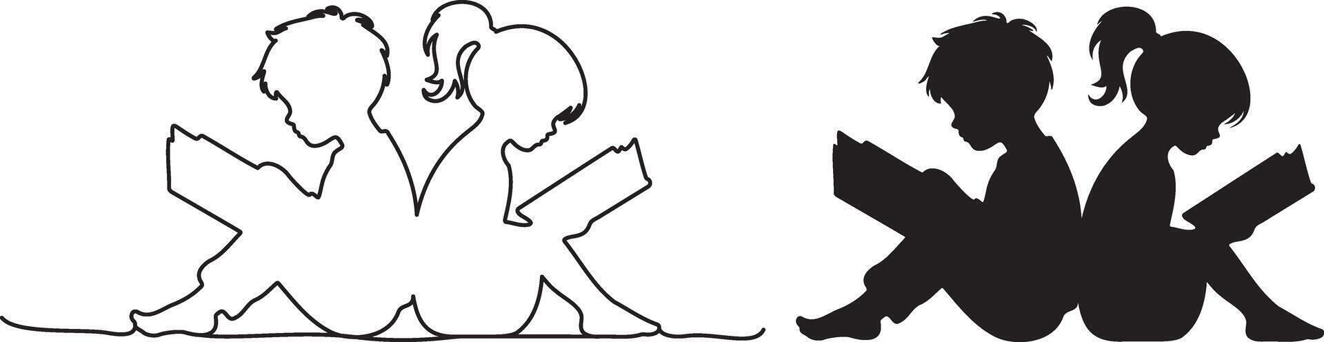 Boy and Girl Reading Book Silhouette. vector