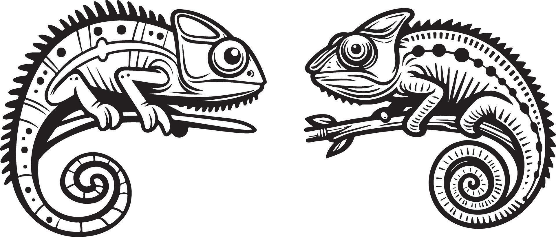 Two Chameleons Sketch Drawing. vector