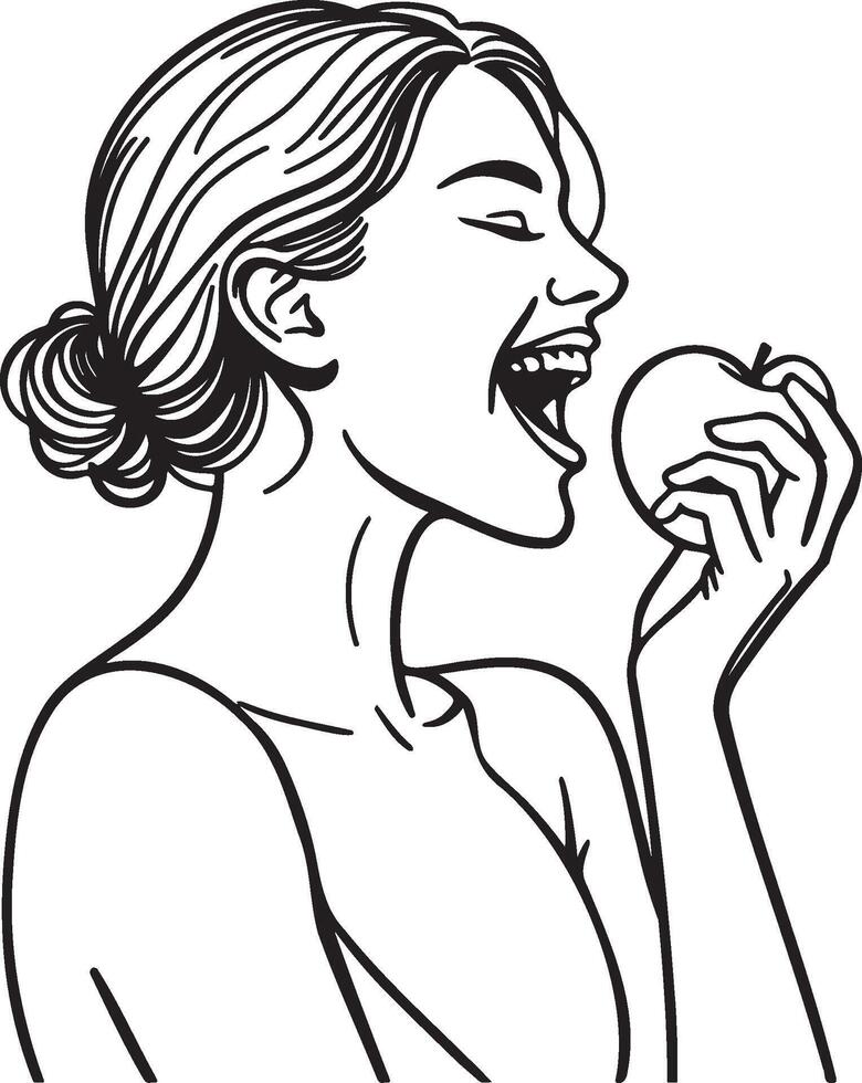 A Woman Biting Apple Sketch Drawing. vector